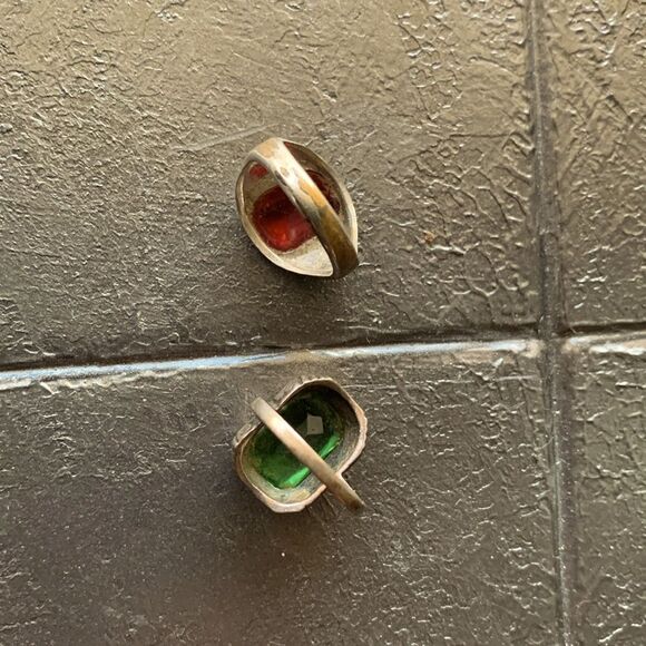 Lovely Vintage Red and Green Christmas Rings - SET of 2, Silver tone, Stamped - Picture 2 of 3